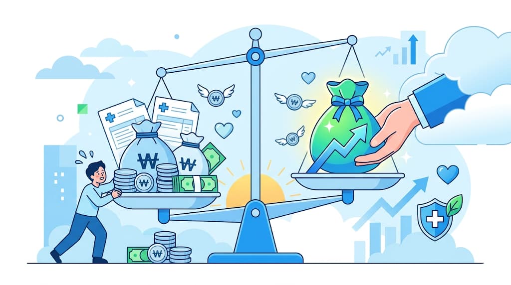 과도한 병원비로 기울어진 저울을 국가 지원금의 손길이 나타나 균형을 맞춰주며 희망을 주는 깔끔한 일러스트