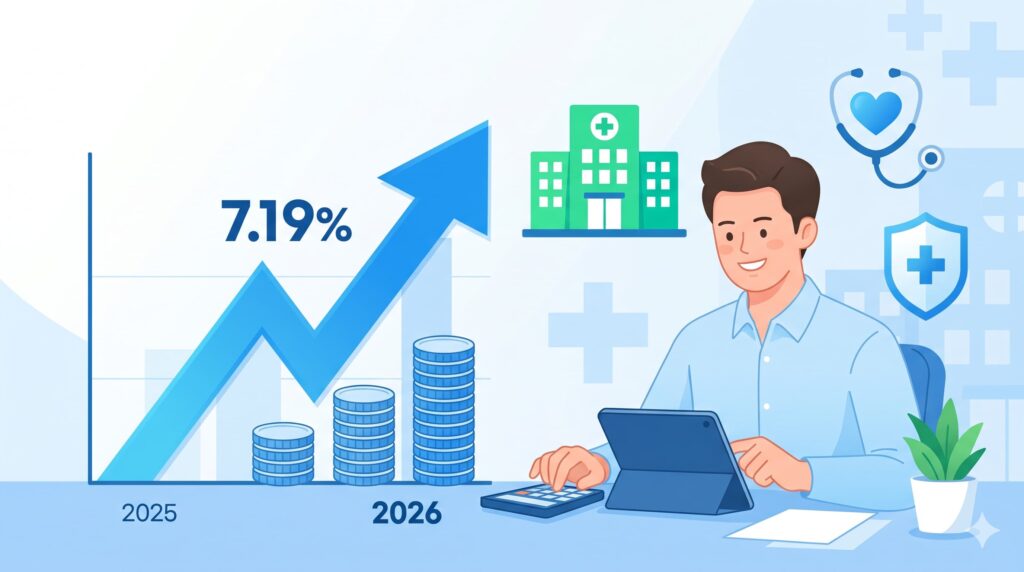 계산기를 두드리며 상승하는 건강보험료 그래프를 확인하는 남성과 배경의 의료 아이콘