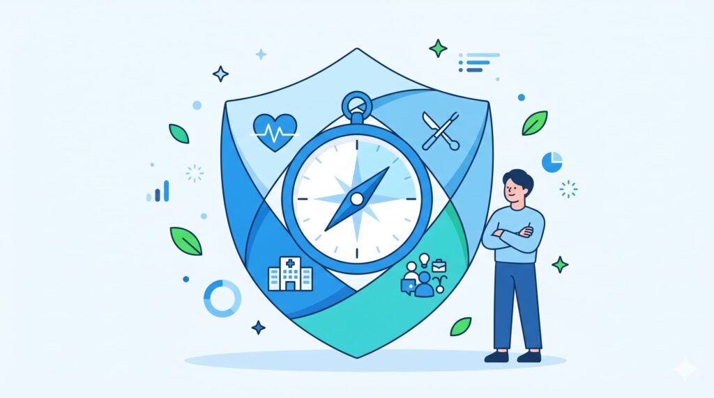 종합보험의 다양한 보장을 나침반과 방패로 표현한 인포그래픽