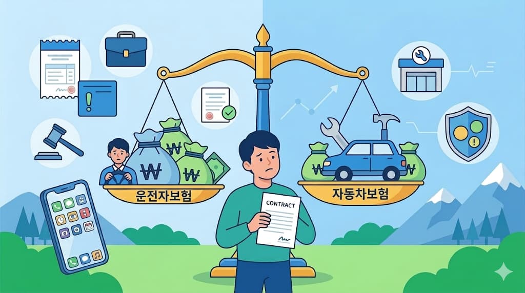 저울로 운전자보험과 자동차보험의 차이를 비교하며 고민하는 남자의 일러스트입니다.