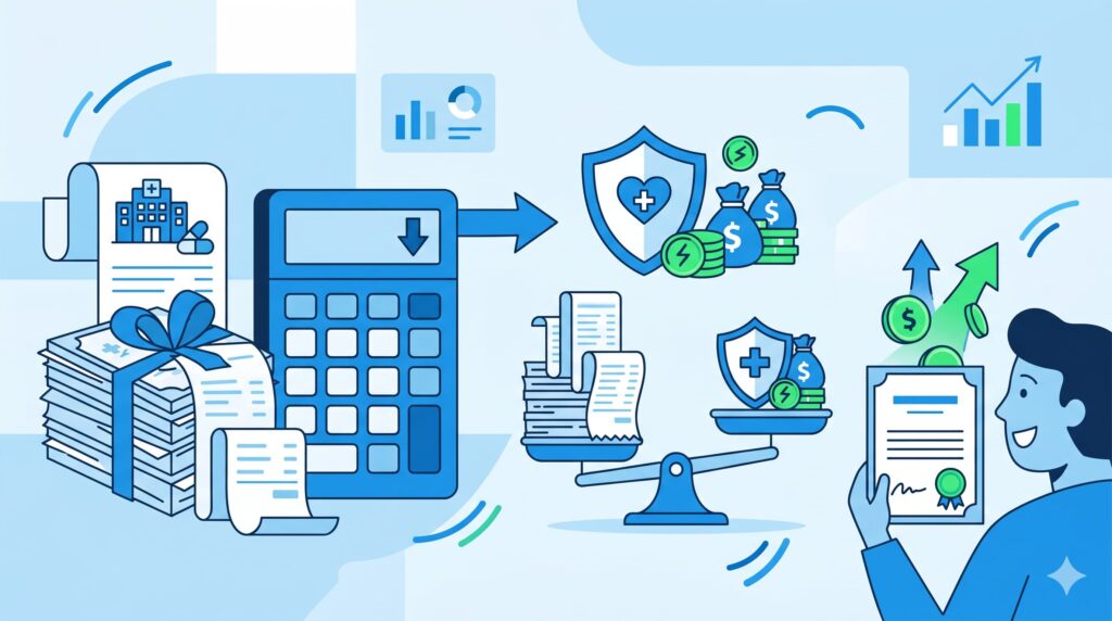 의료비 세액공제로 병원비 영수증에서 세금 환급을 받는 과정 일러스트