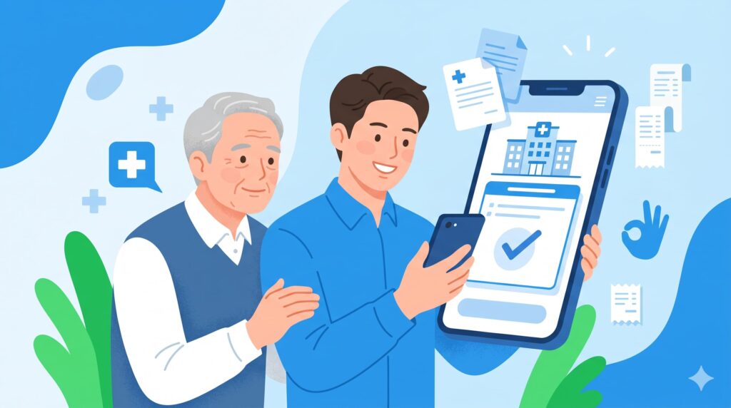 스마트폰 앱을 이용해 부모님을 대신해 실손보험금을 간편하게 대리청구하는 자녀와 이를 보며 안심하는 할아버지의 모습을 그린 일러스트