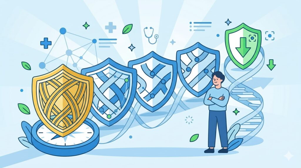 실손보험 1세대부터 5세대까지의 변화를 방패로 표현한 이미지