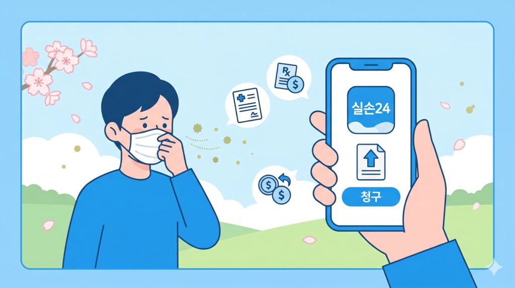 봄철 꽃가루 알레르기로 마스크를 쓴 사람이 스마트폰 실손24 앱을 통해 진료비 영수증과 처방전을 제출하고 실손보험금을 청구하여 환급받는 모습을 표현한 플랫 일러스트. 보험나침반 블로그 대표 이미지.